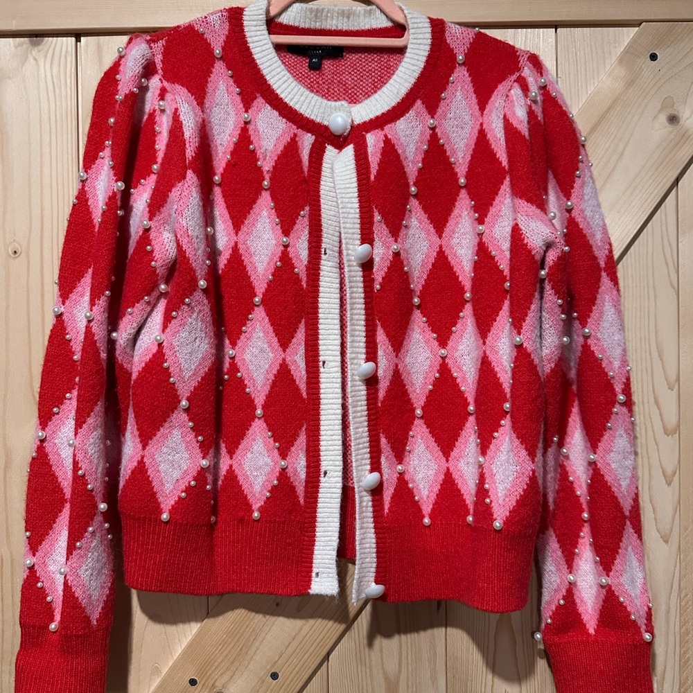 Beulah Red and Pink Argyle Cardigan
